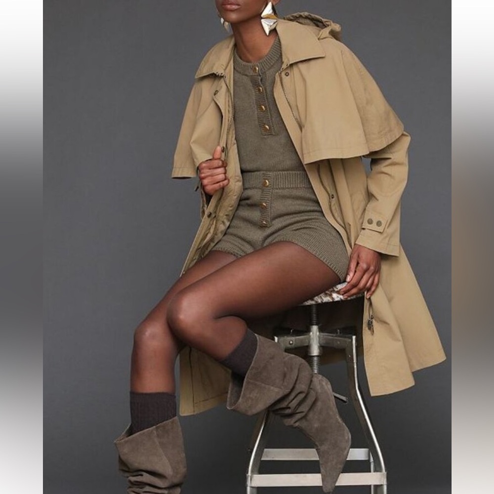 Avec Les Filles Tan Cape-Detail Trench Coat Hooded Cape Raincoat - Picture 2 of 16